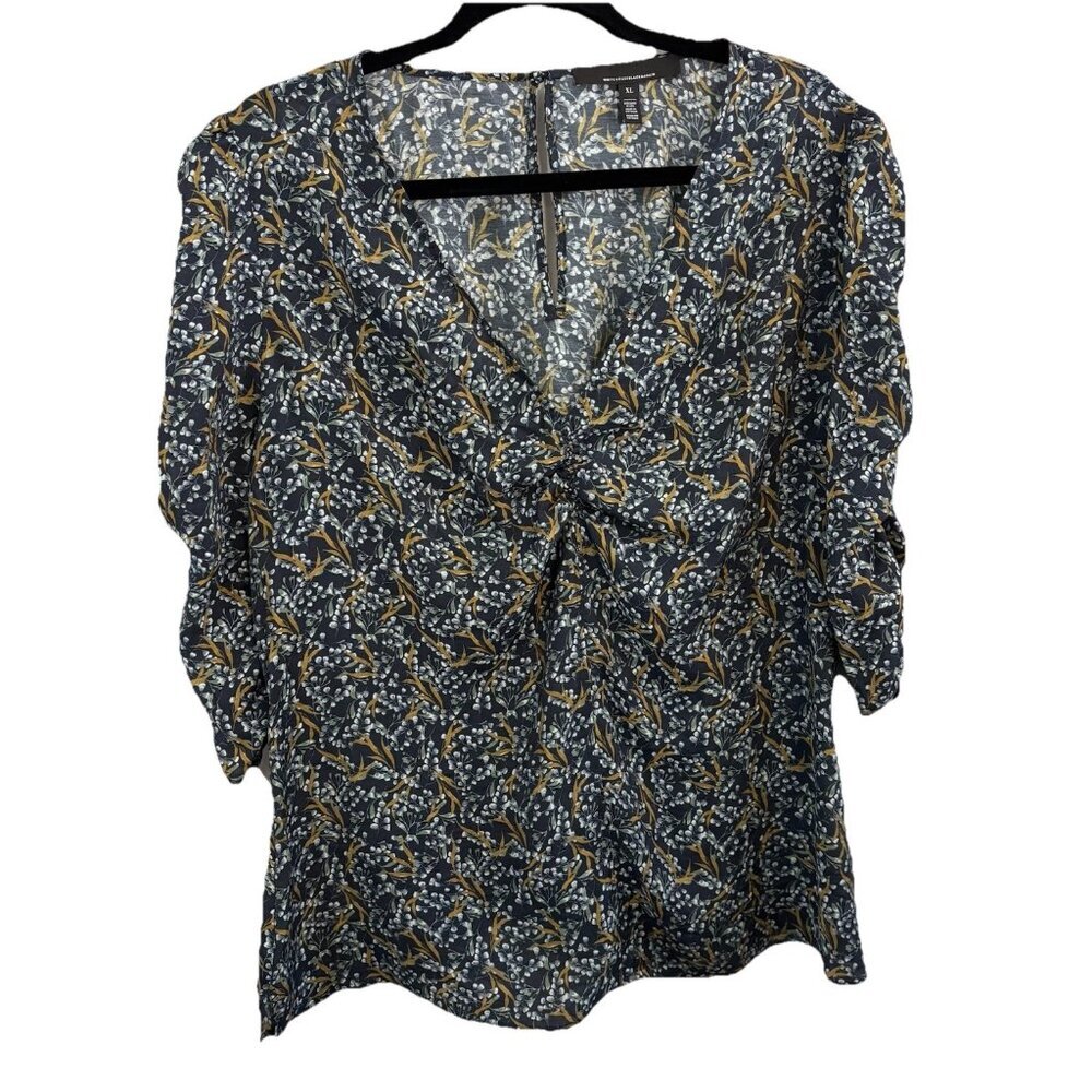 White House Black Market V Neck 3/4 Sleeve Floral Blouse Puff Sleeve Women XL